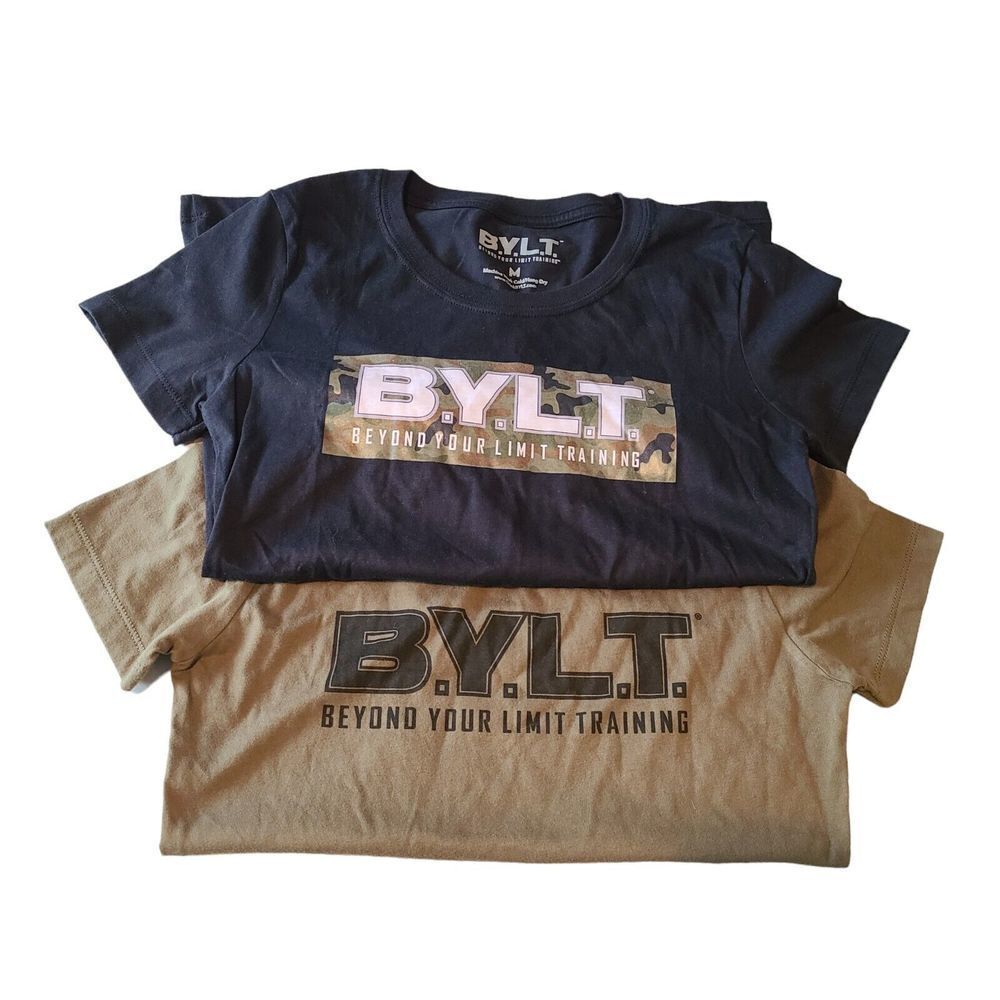 BYLT Women's size Medium Cotton Tee Shirts set of‎ 2 Fitted Camo Black Green